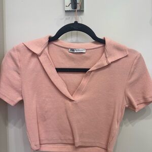 Zara Pink Fitted Crop Top with Notched Collar